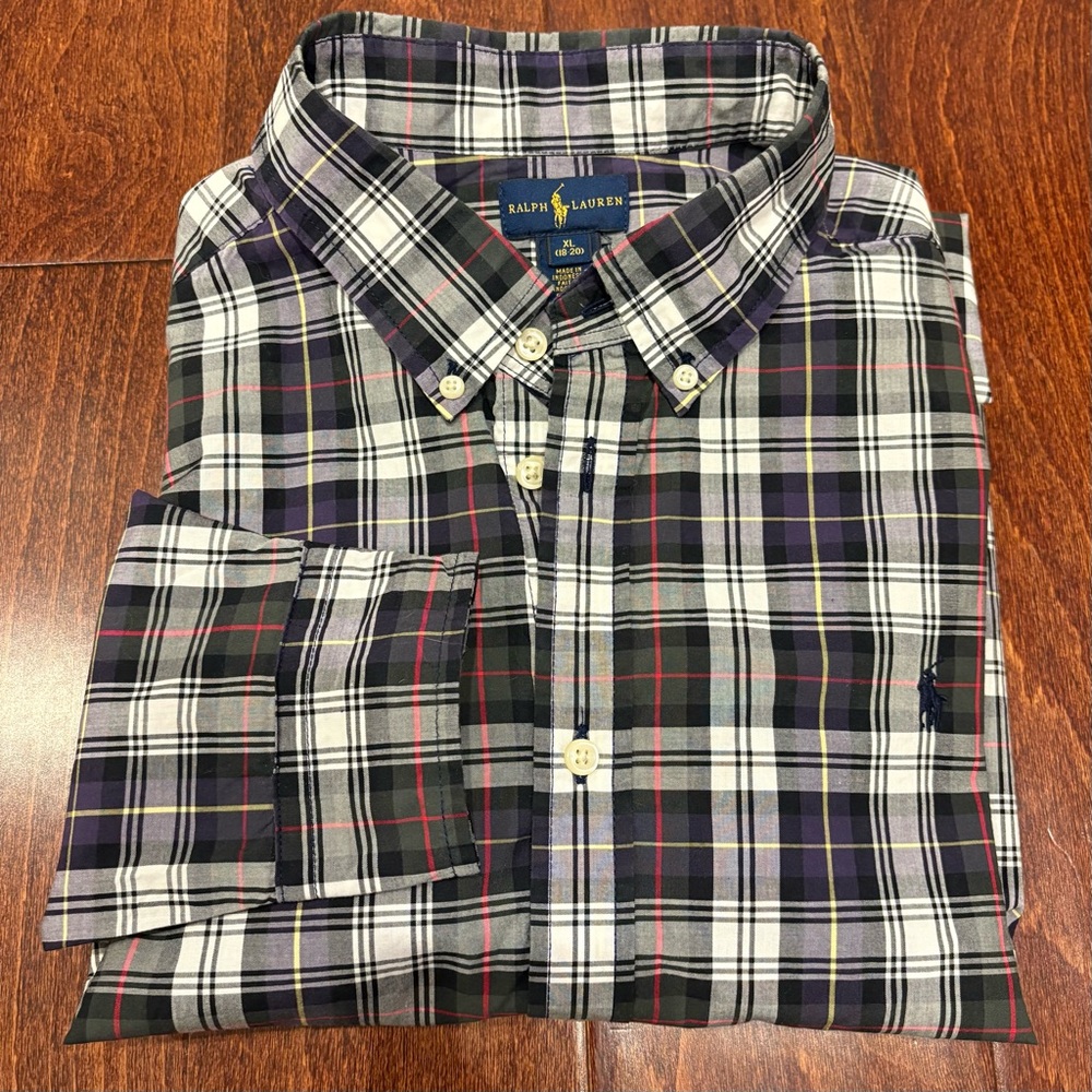 Ralph Lauren Plaid boy’s button down dress shirt XL 18 20 Christmas Holiday